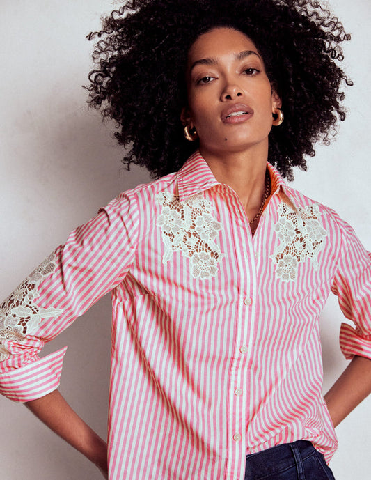 Sienna Interest Cotton Shirt Pink and Ivory Cutwork Stripe