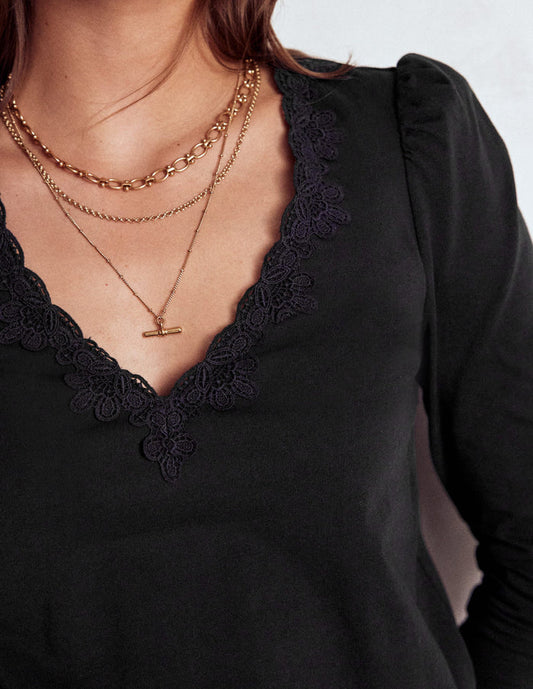 Flora Lace V-neck Top Black