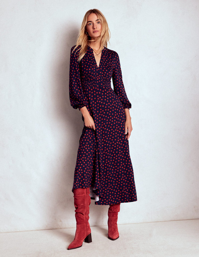 Ivy Smocked Midi Dress French Navy, Painted Dot