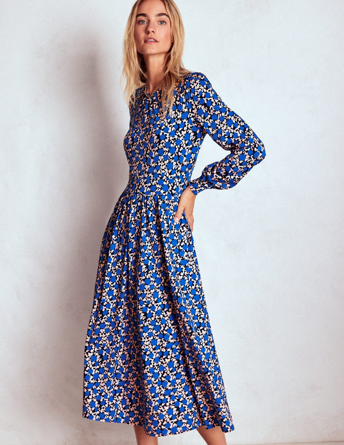 Alexandra Jersey Midi Dress Kingfisher Blue, Floweret Vine