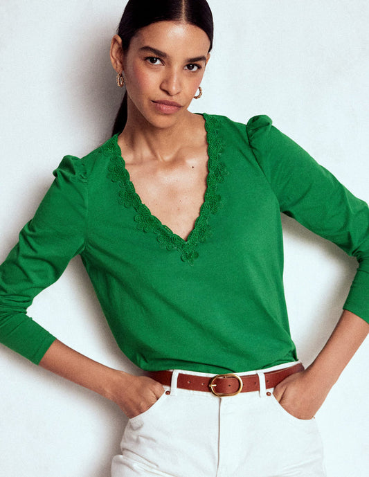 Flora Lace V-neck Top Highland Green