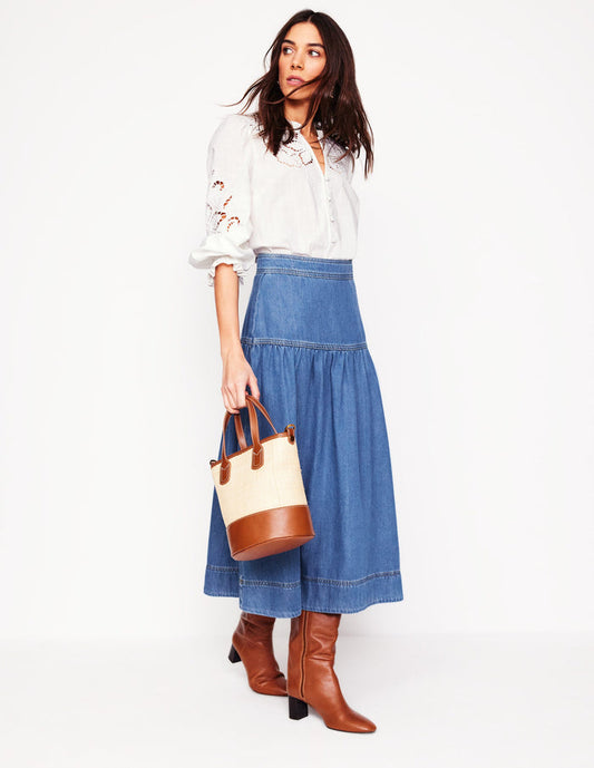 Yoke Detail Denim Midi Skirt Mid Vintage
