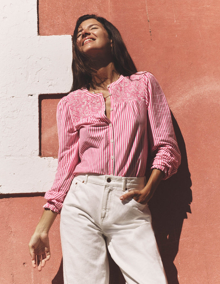Elsa Smocked Yoke Jersey Shirt Pink Ribbon Stripe