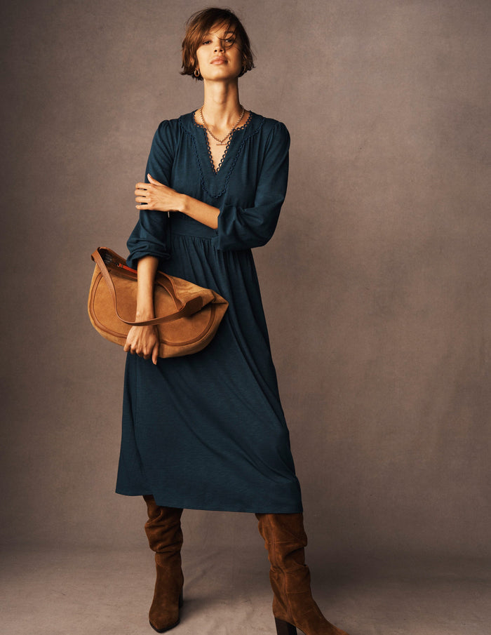 Maddie Picot Trim Midi Dress Midnight Teal