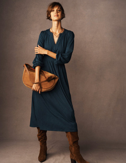 Maddie Picot Trim Midi Dress Midnight Teal