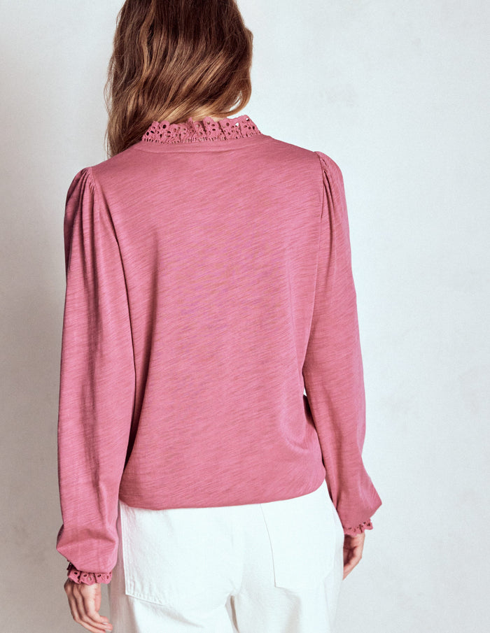 Aria Broderie Notch Neck Top Pink Heather