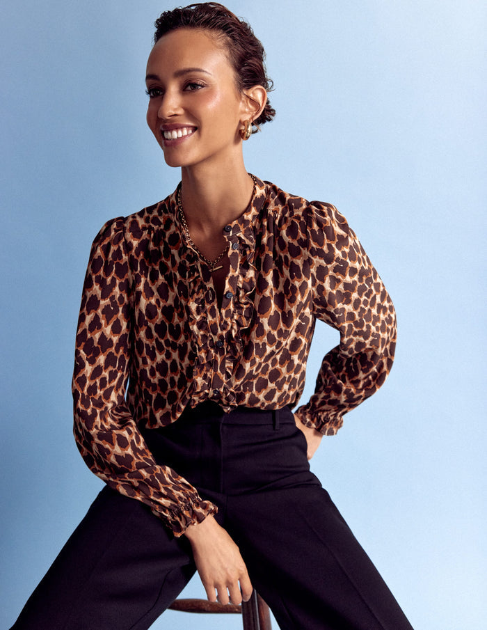 Alice Frill Front Silk Top Leopard Spots