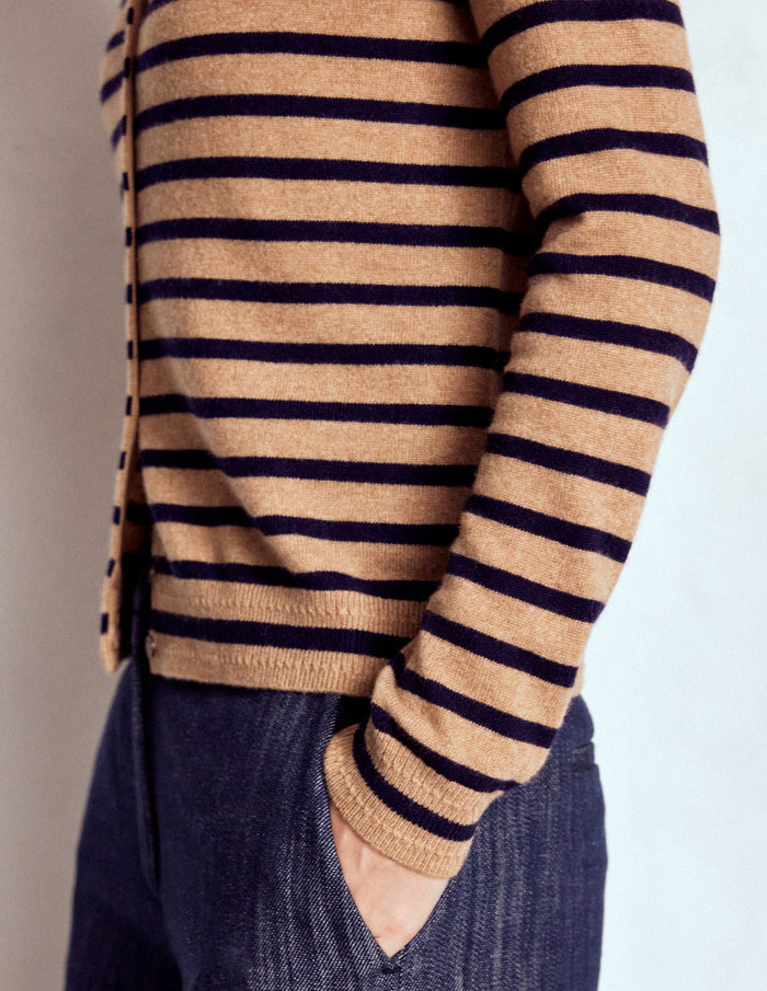 Eva Cashmere Crew Cardigan Camel Melange/Navy Stripe