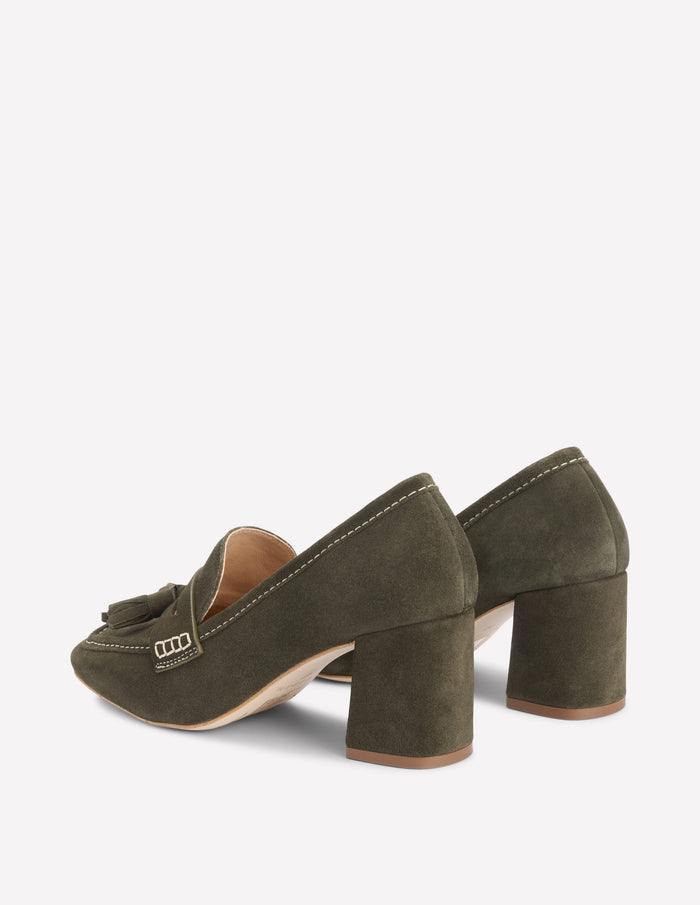 Sol Block Heeled Penny Loafers Dark Moss