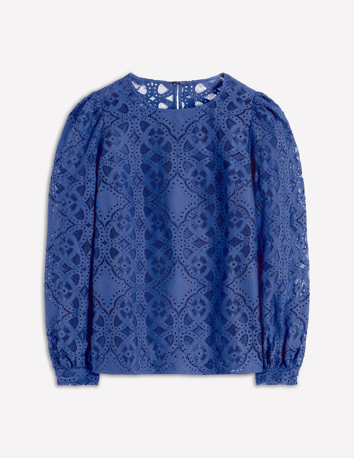 Lace Crew Neck Top Denim Blue