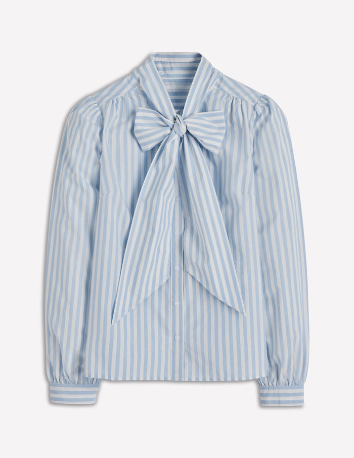 Tie Neck Top Glacier Blue and Ivory Stripe
