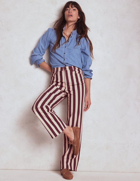 High Rise Column Leg Jeans Maroon and Ivory Stripe