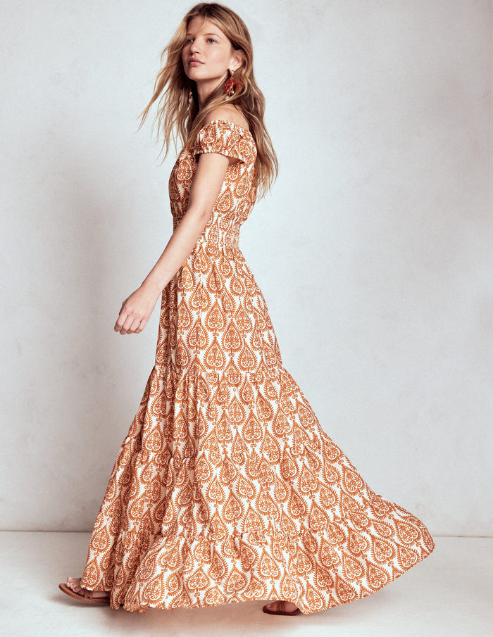 Scoop Cotton Tiered Dress Cognac, Ornate Geo