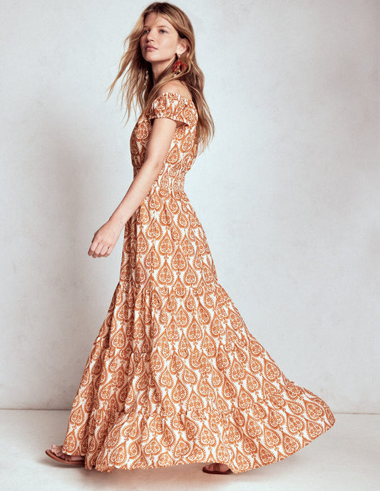 Scoop Cotton Tiered Dress Cognac, Ornate Geo