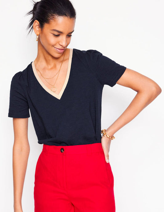 Metallic Trim V Neck T-shirt Navy