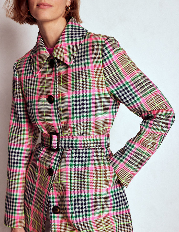Lancaster Belted Mac Brown, Neon Pink Check