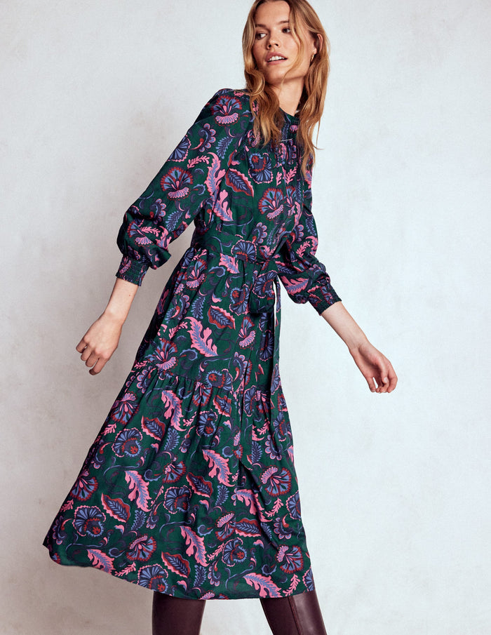 Cecily Cotton Midi Dress Emerald Night, Ornate Meadow