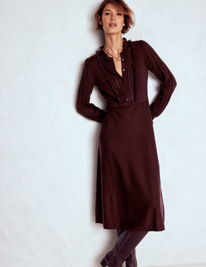 Winifred Frilled Knitted Dress Coffee Bean