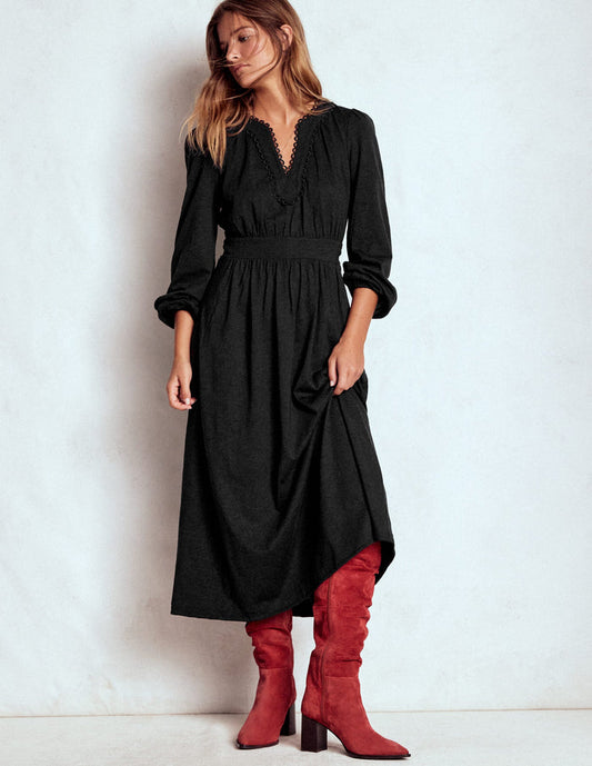 Maddie Picot Trim Midi Dress Black