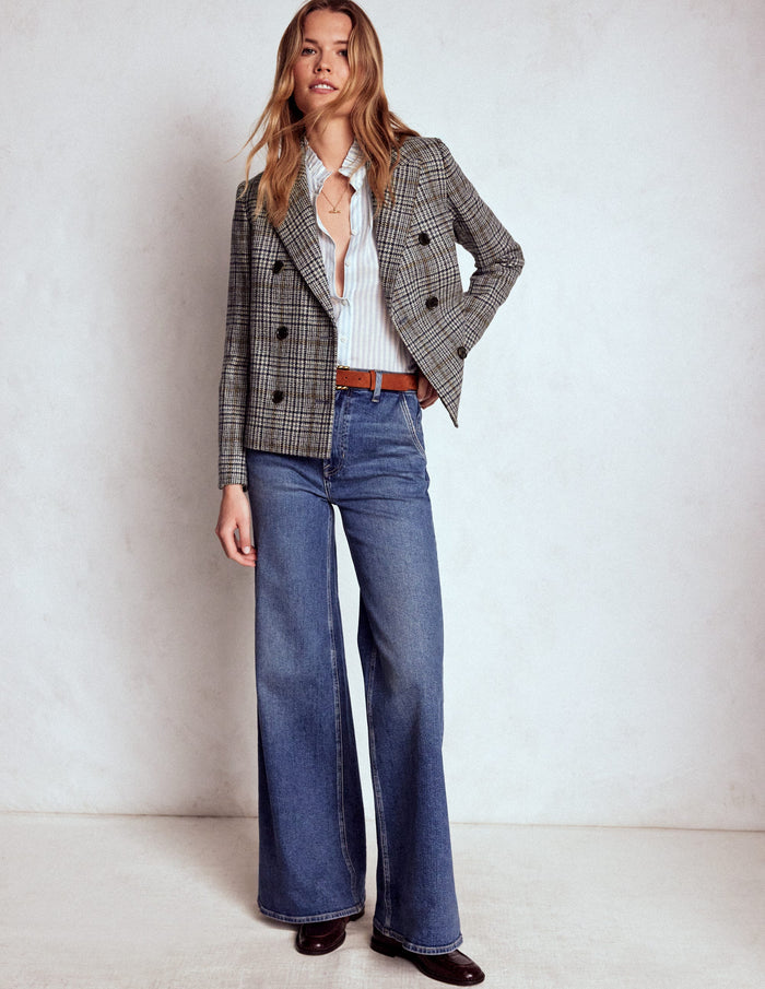 Boxy Double Breasted Blazer Blue, Grey Check