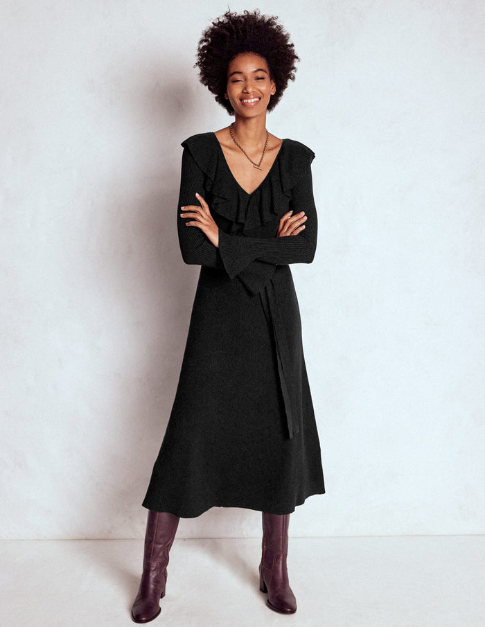 Ruffled Ribbed Dress Black