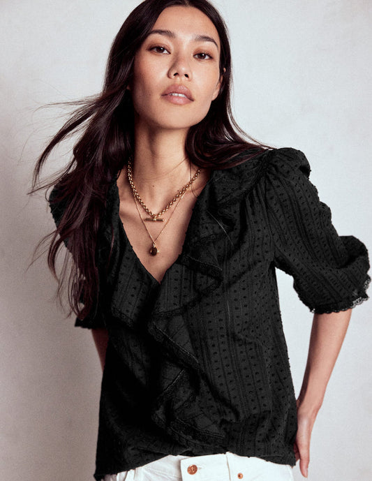 Ruffle V-Neck Blouse Black