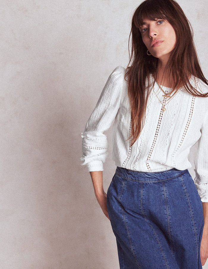 Trim Interest Double Cloth Top White
