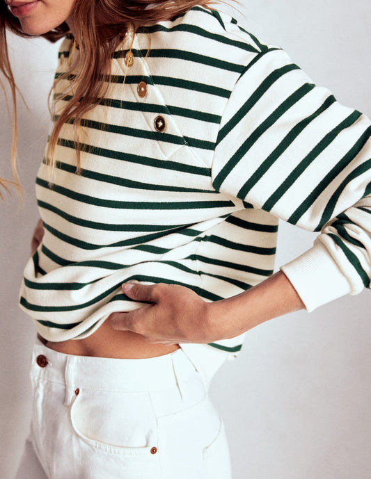 Button Detail Sweatshirt Emerald Night, Ivory