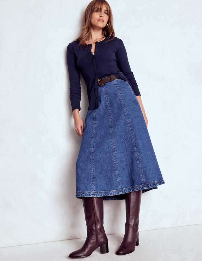 Evie Button Through Ribbed Top Navy