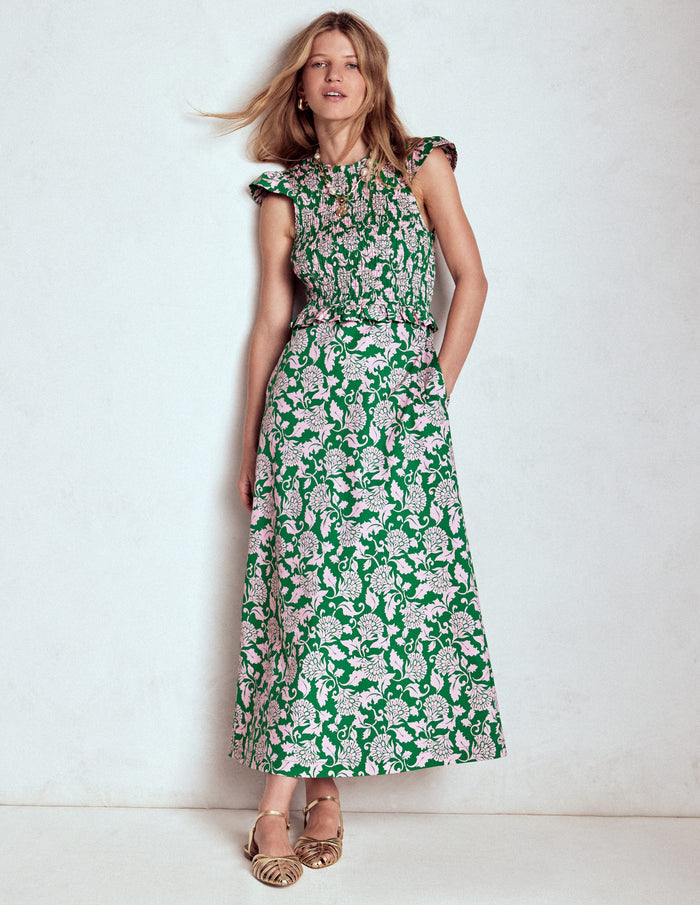 Carolina Smocked Midi Dress Rich Emerald, Ornate Vine