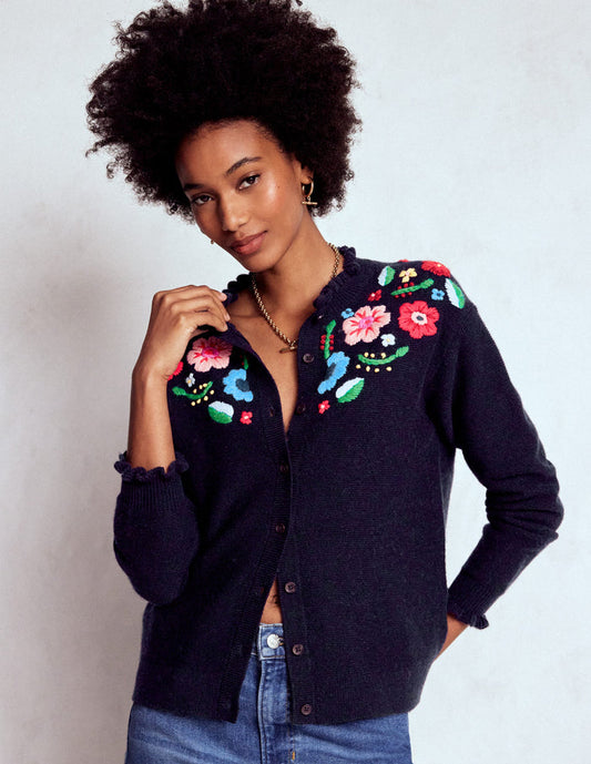 Embroidered Frill Cardigan Navy