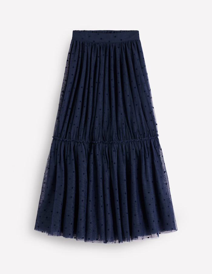 Anna Tulle Midi Skirt Navy Flocked Spot