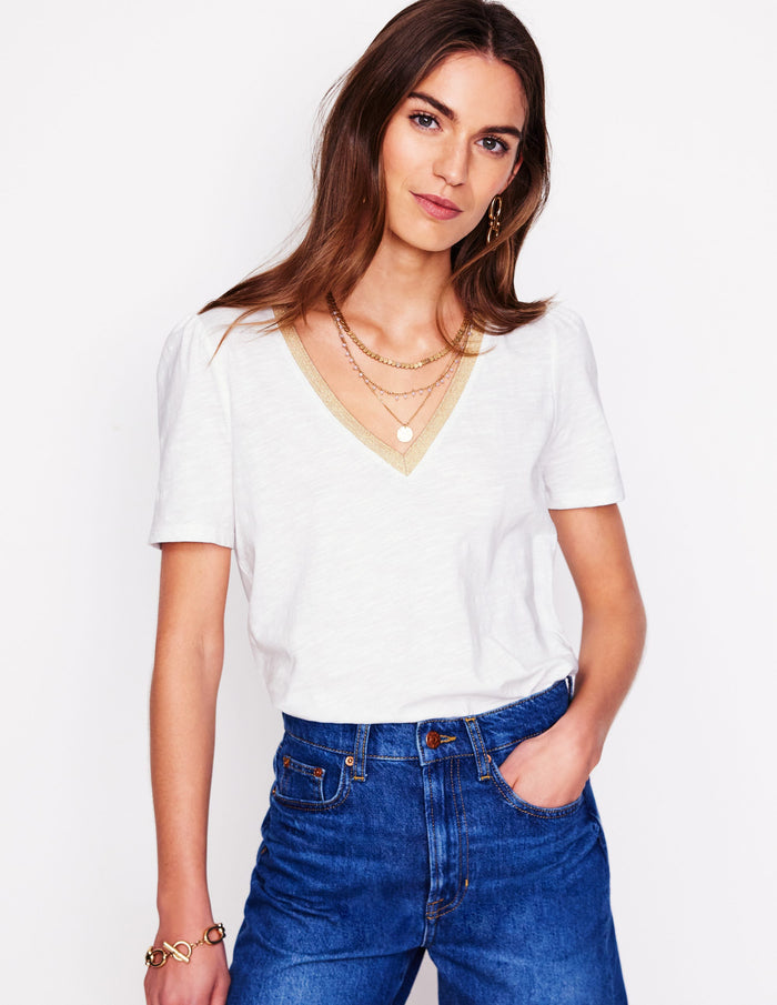 Metallic Trim V Neck T-shirt White