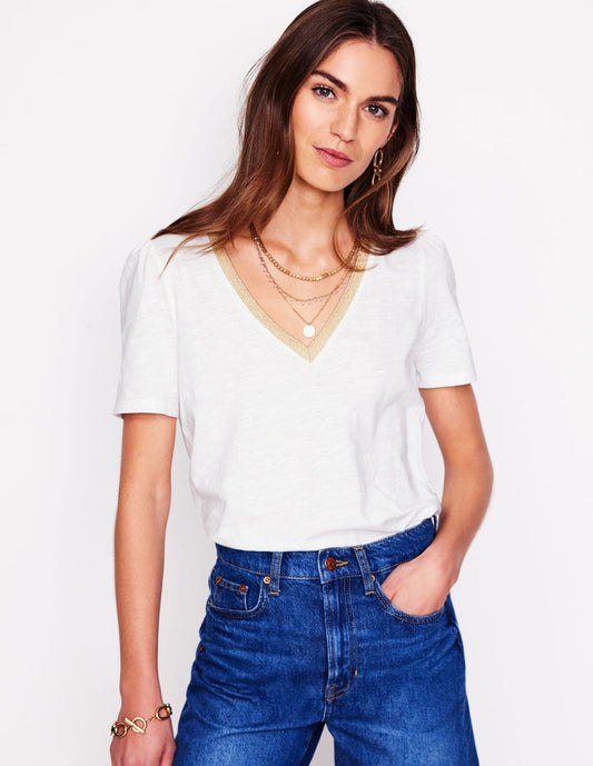 Metallic Trim V Neck T-shirt White