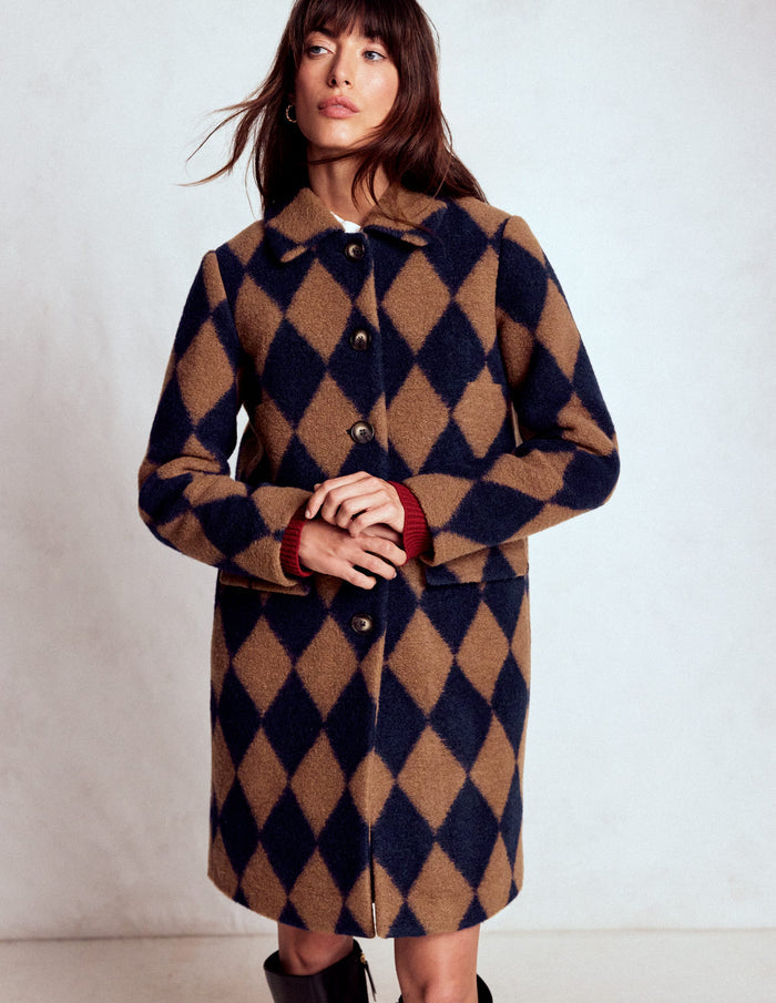Edinburgh Swing Coat Camel and Navy Argyle