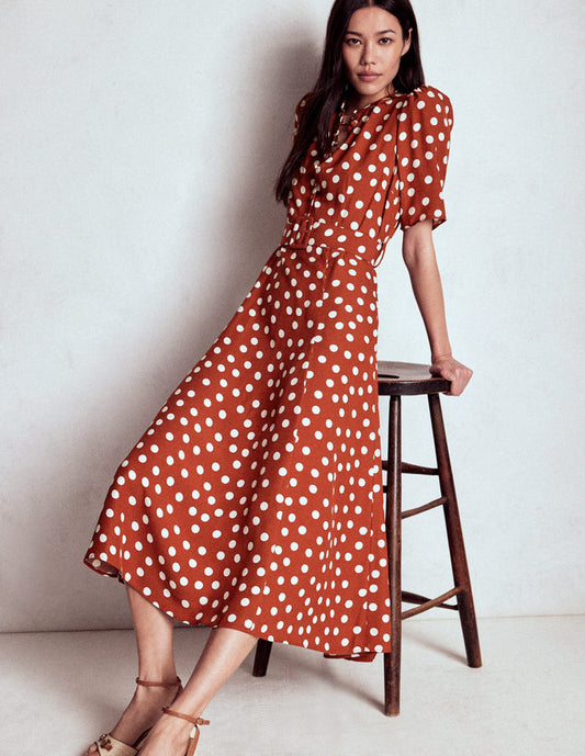 Kate Puff Sleeve Belted Dress Roasted Chestnut, Painted Dot