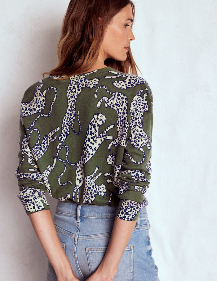 Lydia Cashmere Jumper Woodland Green, Leopard