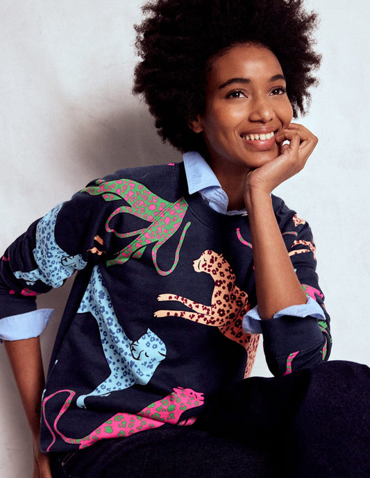 Rosa Printed Sweatshirt Navy, Leaping Leopard