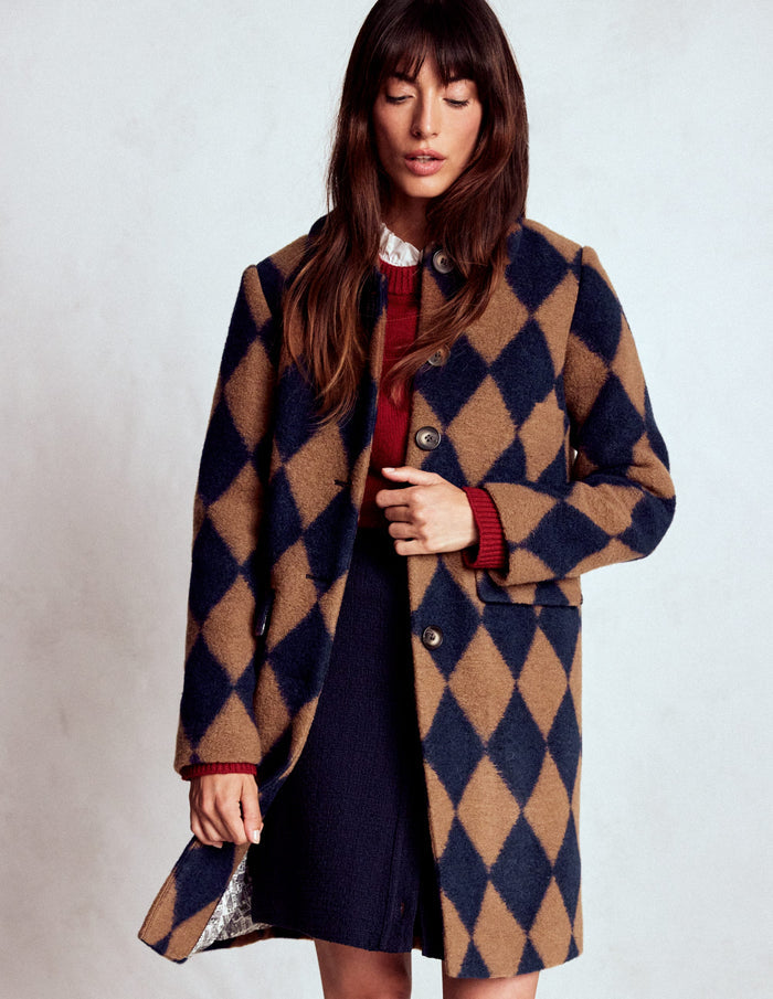 Edinburgh Swing Coat Camel and Navy Argyle