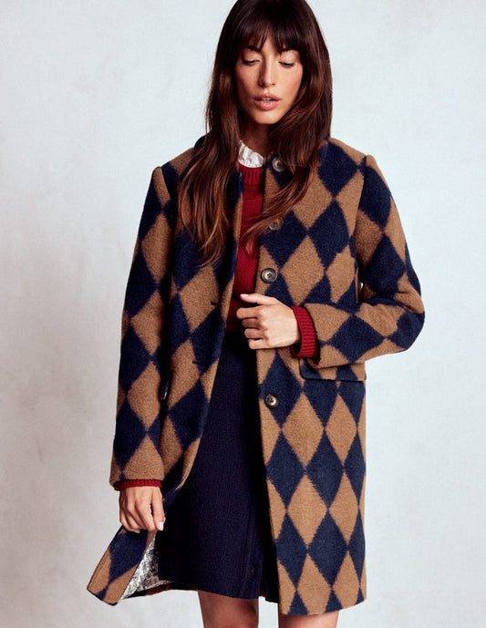 Edinburgh Swing Coat Camel and Navy Argyle