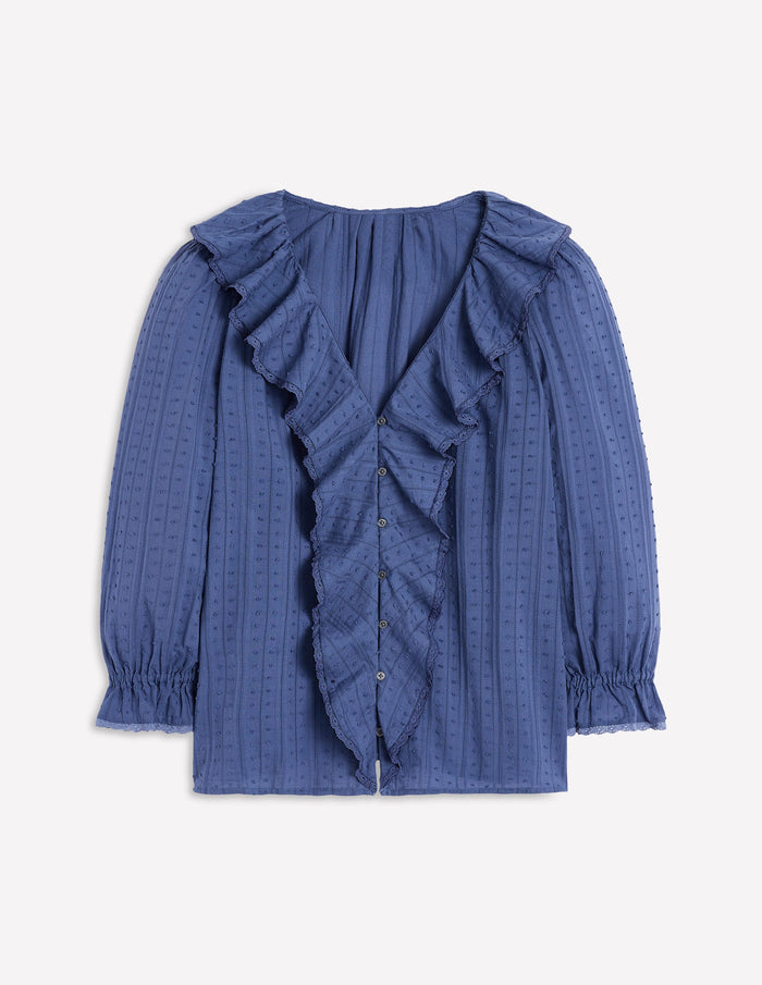 Ruffle V-Neck Blouse Denim Blue
