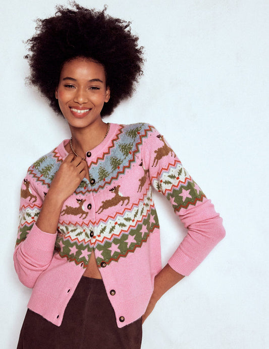 Edie Fair Isle Cardigan Pink, Reindeer