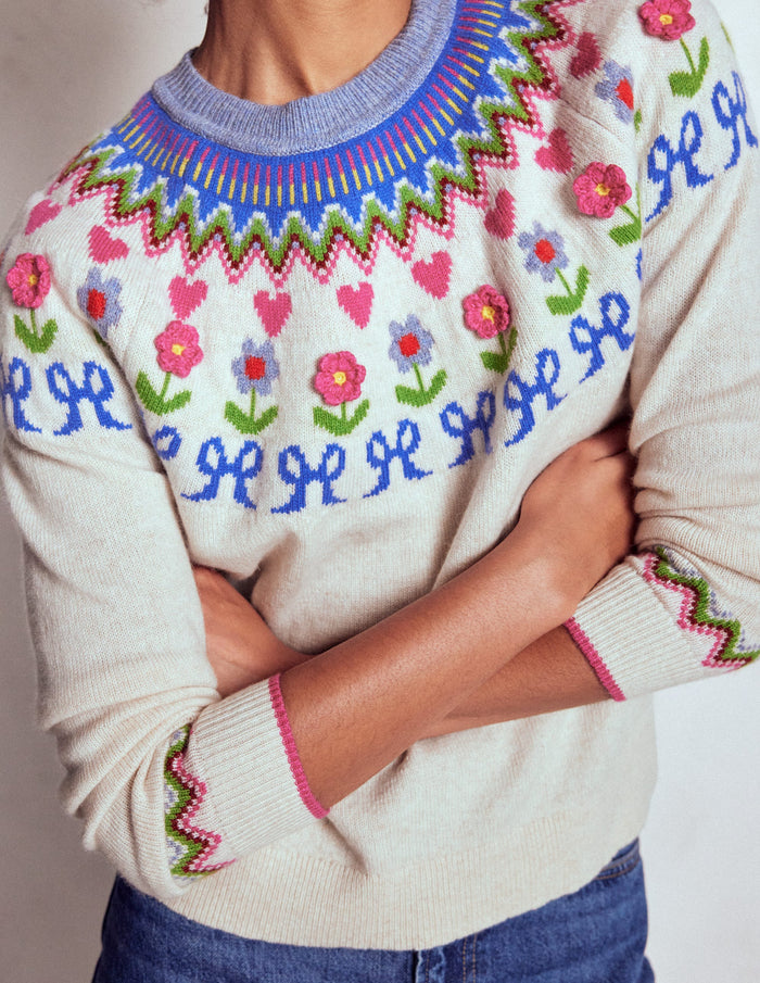 Edie Fair Isle Sweater Oatmeal Melange, Flowers