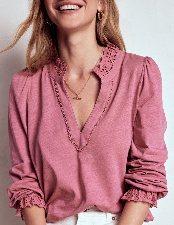 Aria Broderie Notch Neck Top Pink Heather
