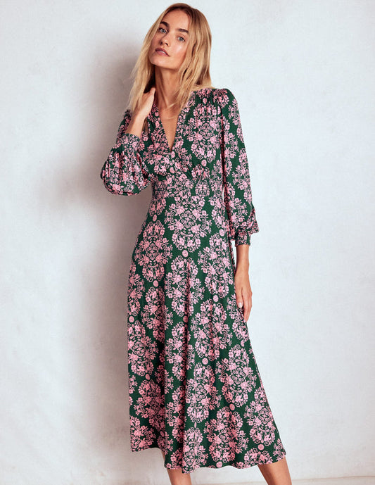 Ivy Smocked Midi Dress Green, Ornamental Lattice