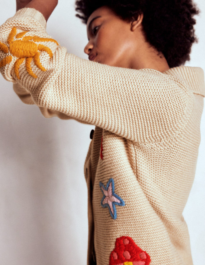 Embroidered Collared Cardigan Ecru Marl