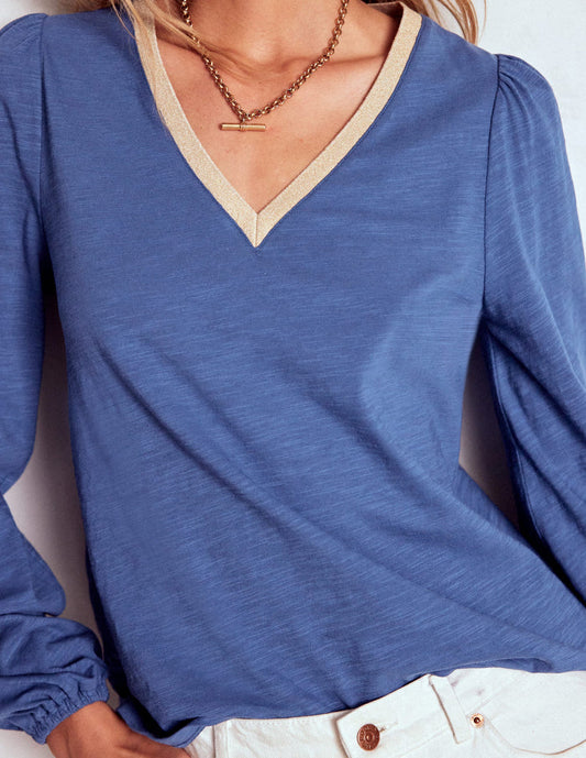 Metallic Trim Long Sleeve Top True Navy