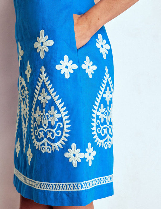 Embroidered Linen Shift Dress Kingfisher Blue