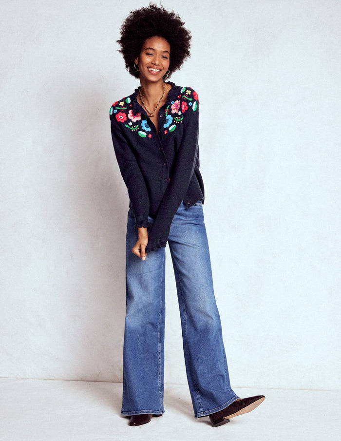 Embroidered Frill Cardigan Navy
