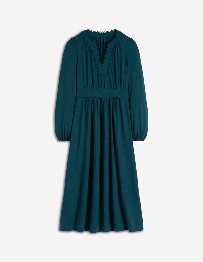 Maddie Picot Trim Midi Dress Midnight Teal